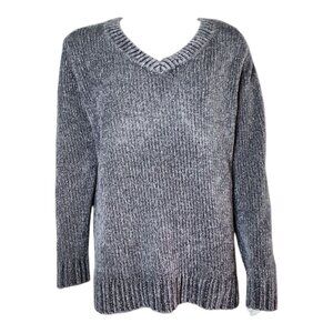 Orvis Sweater Womens Size L Solid Gray Chenille Pullover Knit Stretch Cozy Cute
